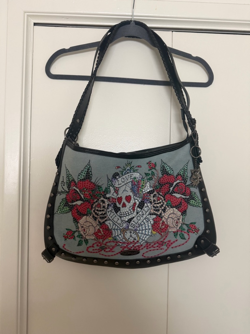 Ed Hardy Gray Shoulder Bag with Red Floral Skull Motif